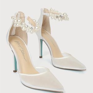 SB-Ellah Ivory Satin Rhinestone Pearl Ankle Strap Pumps
